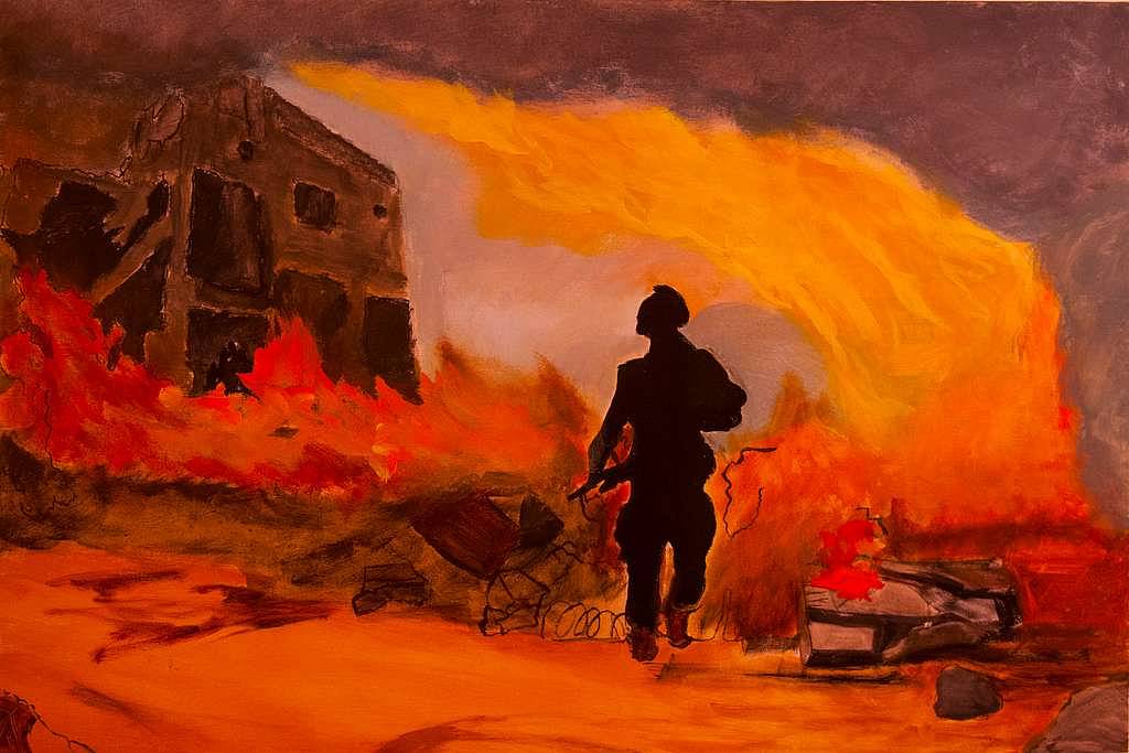 The Afghan War. A war fighter is silhouetted in fire in one of the paintings featured in the Combat Arts exhibit